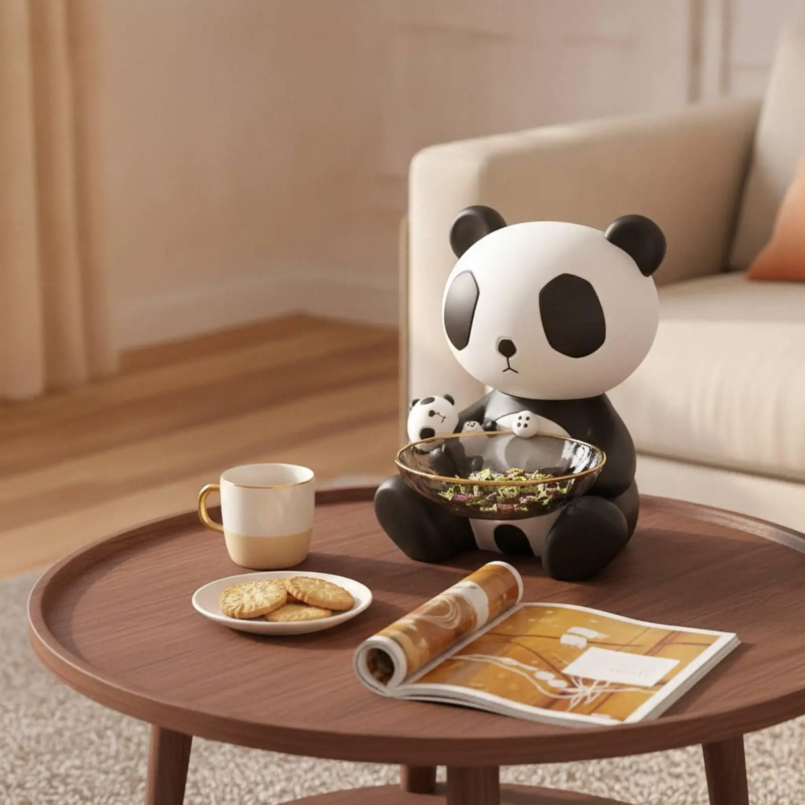 Panda Statue Decorative Tray Resin Gold Tone Rim Catchall Dish Functional Organizer for Hallway