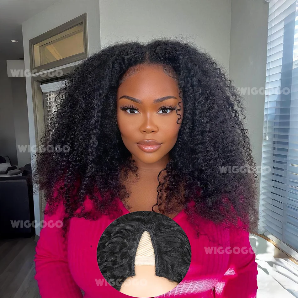 

Wiggogo Kinky Curly V Part Human Hair Brazilian Wig For Women 30 Inch Machine Made Upgrade V Part No Glueless Curly Natural Wig