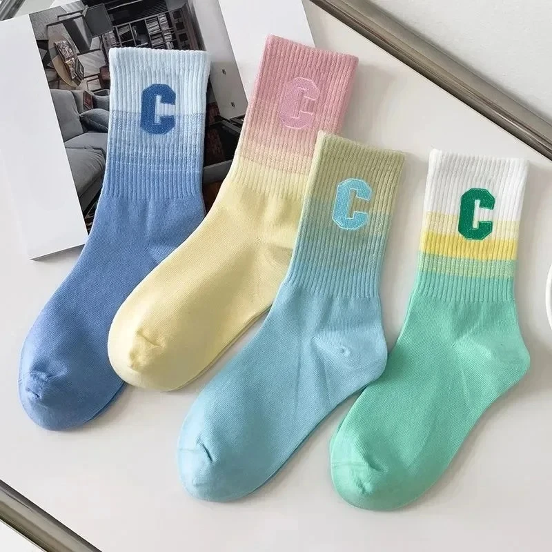 Women's Sport Socks Autumn Winter Gradual Color Mid-Calf Letter Pattern Absorb Sweat Versatile Trendy Korean Japanese Style Long