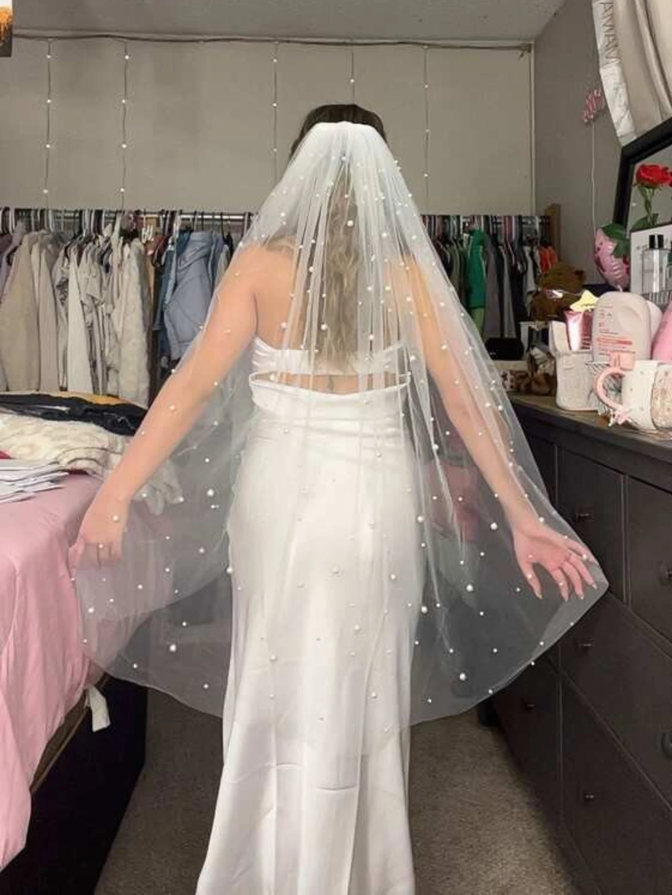 

Bridal Veil With Faux Pearls, Handmade Beaded, Wedding Photography Prop, Hair Accessory With Comb