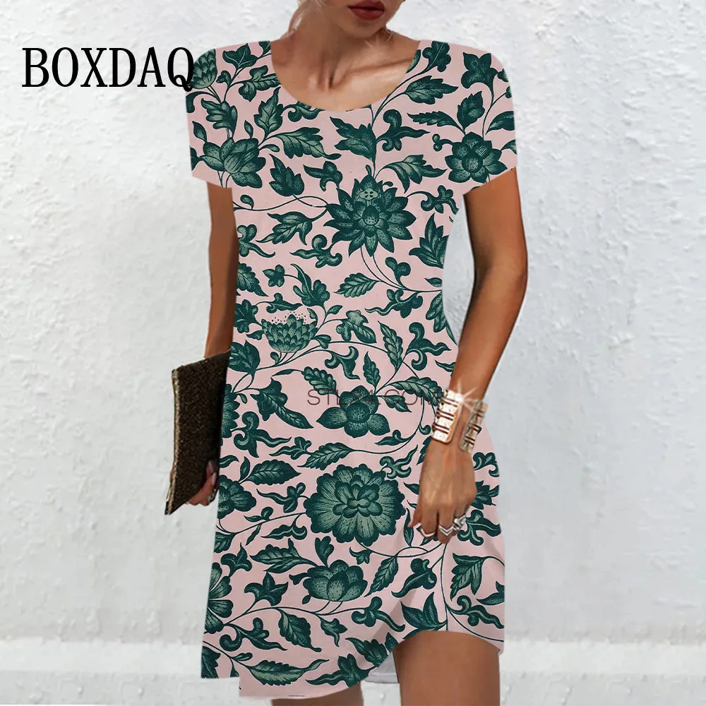 2024 Vrouwen Vintage Bloemenprint Jurk Vrouwen Zomer Elegante O-hals Korte Mouw Mini Jurken Dames Casual Losse Plus Size Jurk