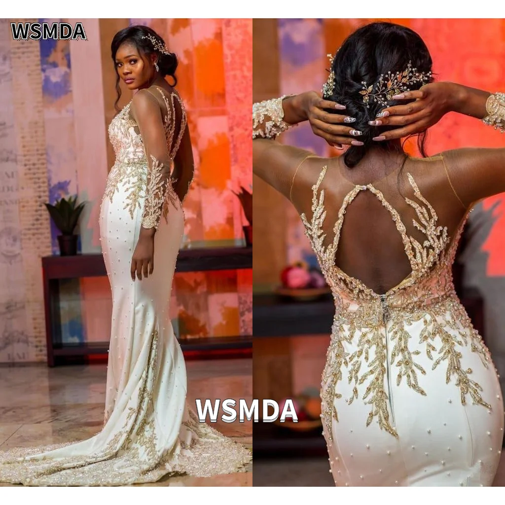 Illusion Sleeves Zipper Mermaid Formal Evening Dresses Long Luxury 2021 Gold Lace Beading Sequins Special Occasion Dresses