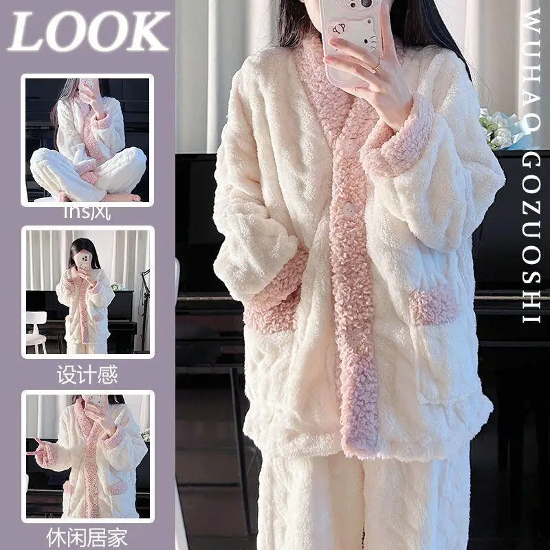 

Женские пижамы, милый комплект домашней одежды, сохраняющий тепло, утепленный коралловый флис для девочек, с круглым вырезом и длинными рукавами, женская домашняя одежда, осень-зима