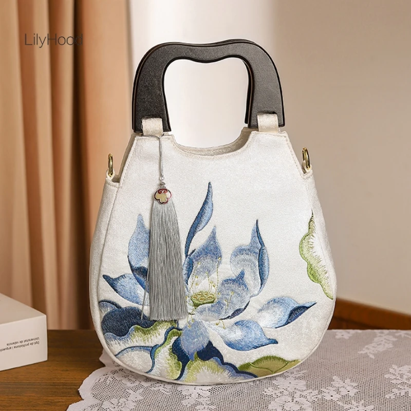 Women Retro Chic Floral Embroidery Fringes Wooden Top-handle Tote Bag Handbag Vintage Luxury Stylish Designer Medium Size Bag