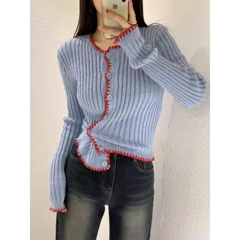 

Корейский ретро лоскутный повседневный кардиган с длинными рукавами для женщин, осень 2023, новые однобортные тонкие вязаные топы с круглым вырезом