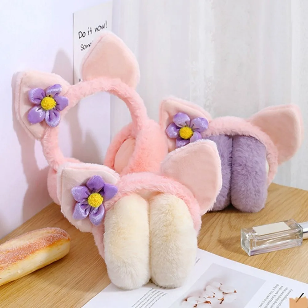 Cute Cartoon Cat Rabbit Ear Warm Earmuffs Plush Rabbit Ear Folding Earflap Cold Protection Soft Windproof Ear Cap Women