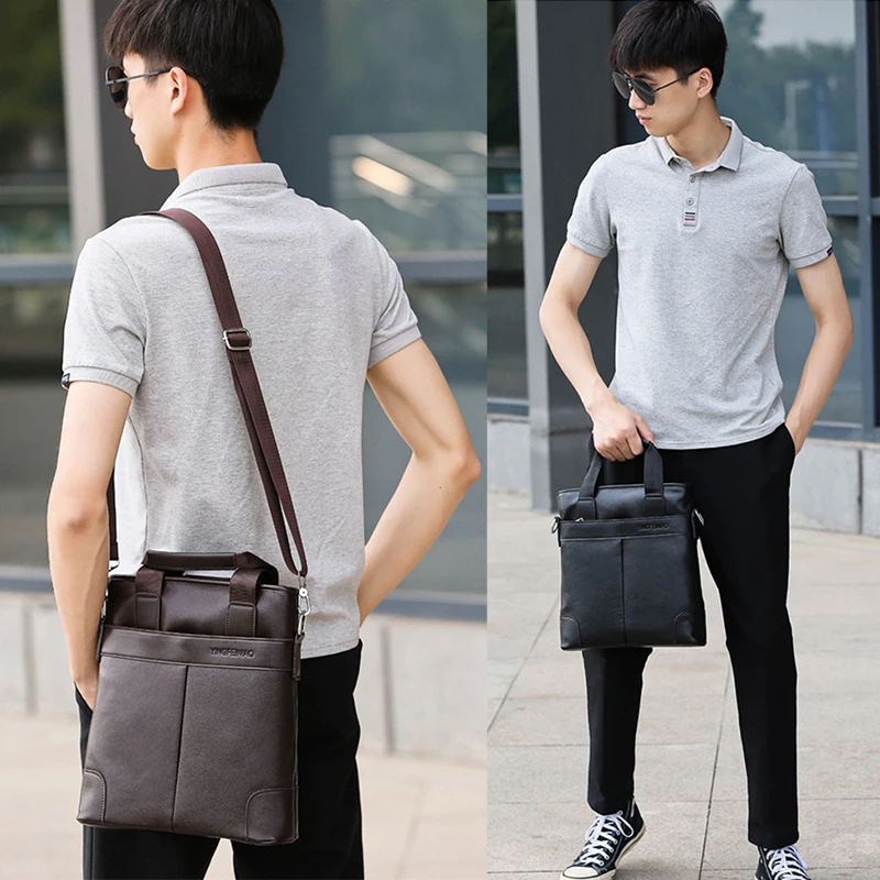 Men'S Shoulder Briefcase PU Leather Handbag Executive Office Tote Business Messenger Split Cross Side Vertical Bag Causel Male