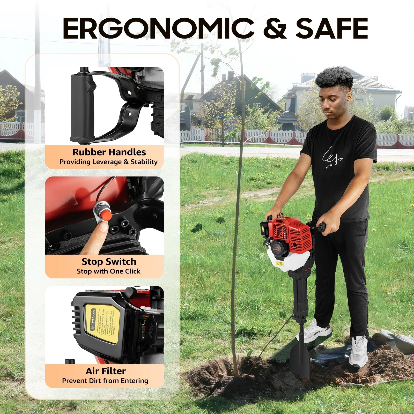 Portable Garden Tree Digger 1900W 2-stroke Engine Hand-pull Start Tree Root Digger Soil Cultivation for Gardens and Lawns