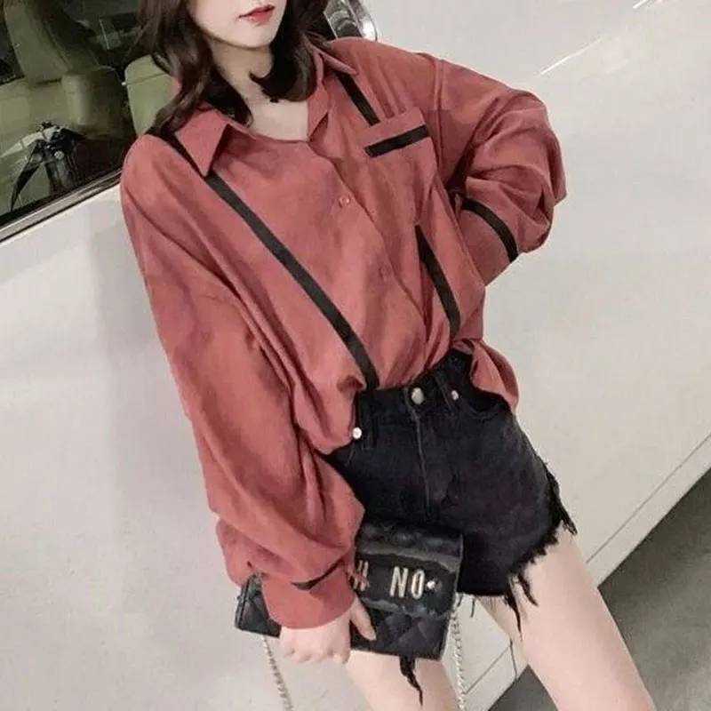 Female Clothing Korean Solid Color Shirt Bright Line Decoration Casual Pockets Spliced Spring Long Sleeve Single-breasted Blouse