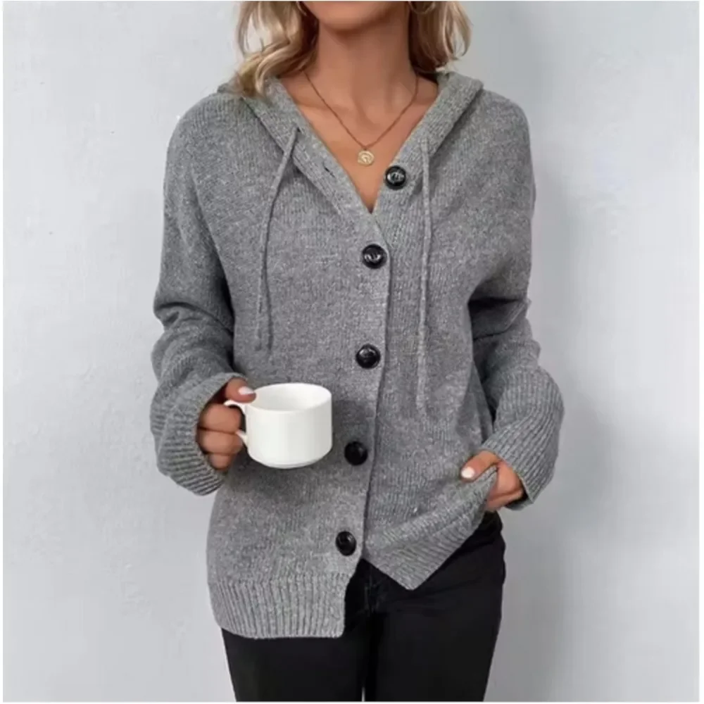 

Hooded Cardigan for Women Drawstring Button Up Knit Cardigan Sweater Jacket Autumn Winter Ladies Clothing
