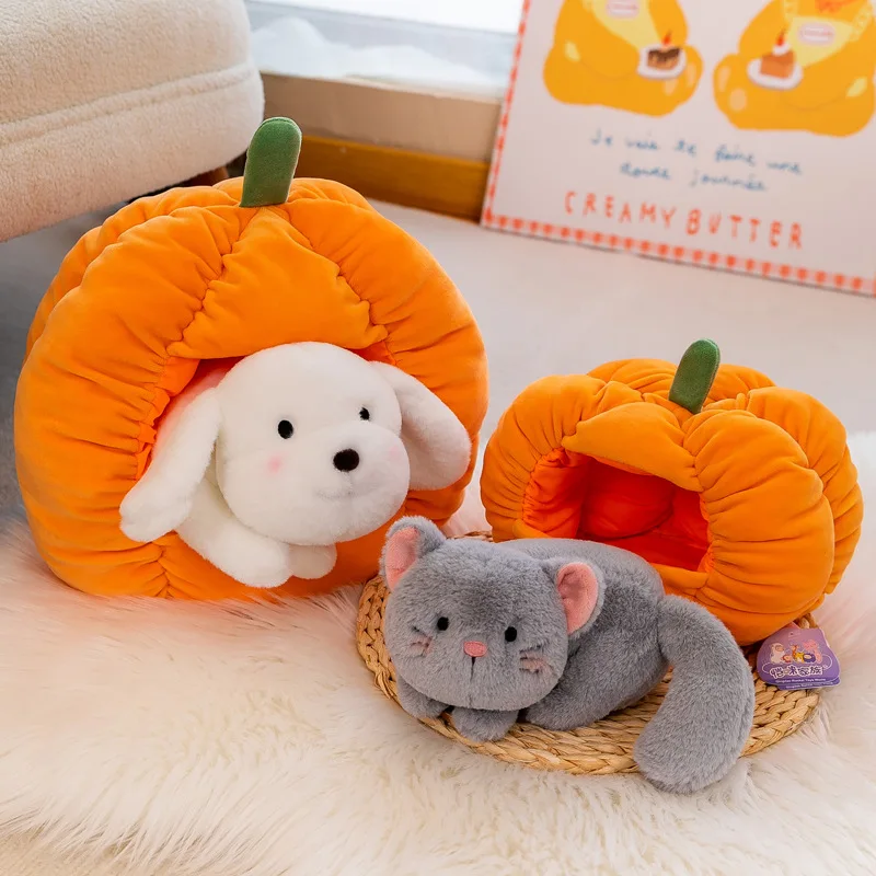 Dog Cat in Cozy Pumpkin House Doll Pet Nest Plush Cat Bed with Cartoon Kitty Dog Fully Stuffed Room Decor for Room