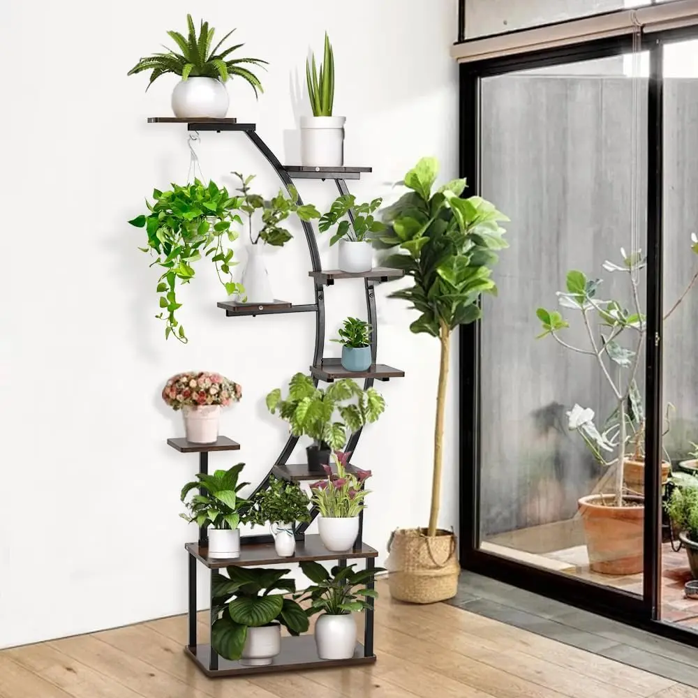 

Black Metal Plant Stand with Grow Light 9 Tiered Shelf 60" Corner Plant Holder for Living Room Home Patio Balcony