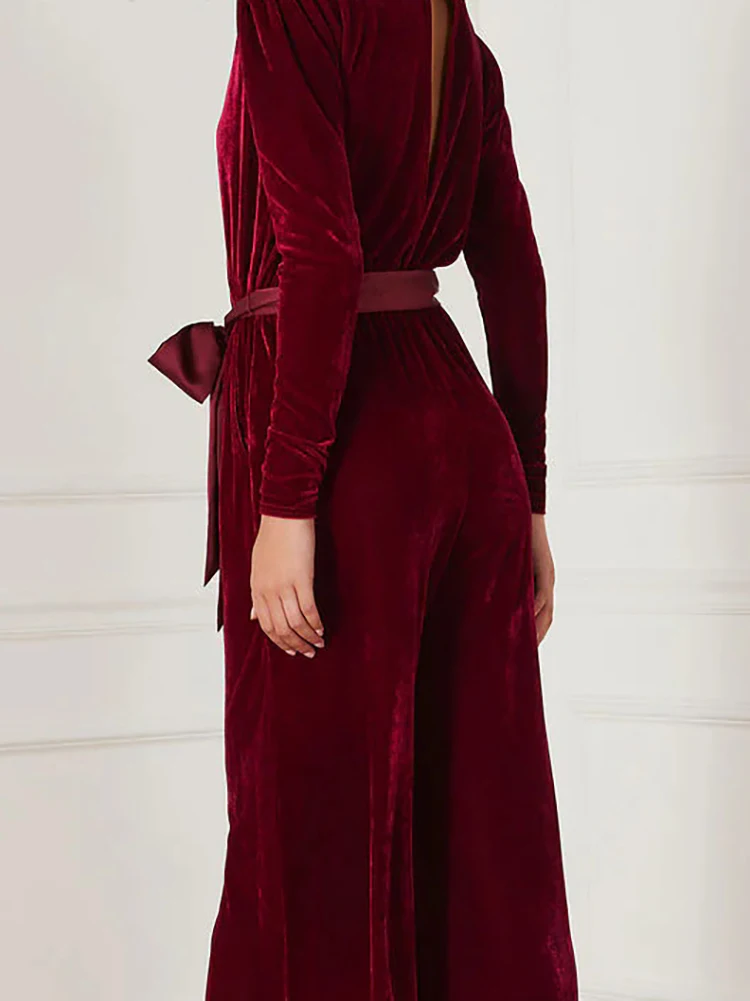

Christmas Velvet Lace Up Women's Playsuit Elegant V-neck Long Sleeved Autumn Winter Jumpsuit Fashion Patchwork Straight Rompers
