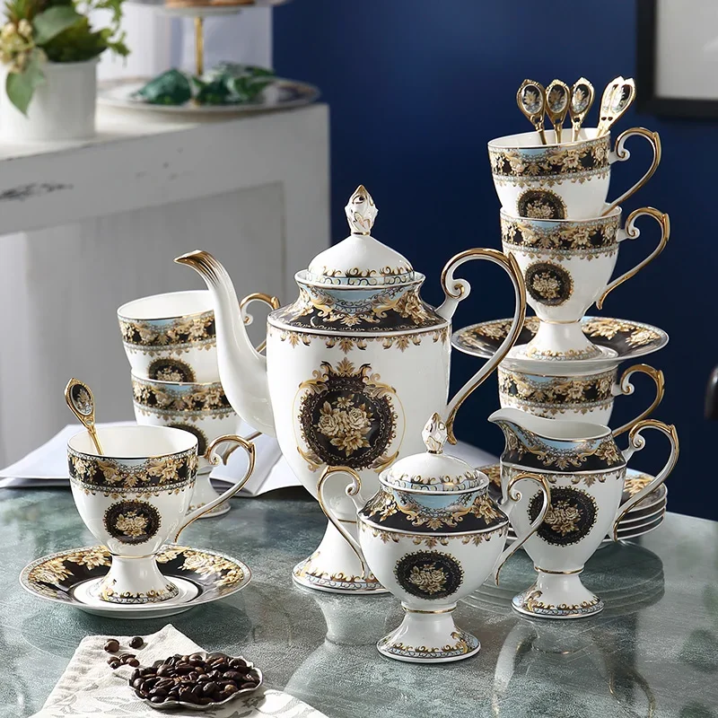 Bone China Coffee Cup and Saucer British Court Teapot Milk Jar Sugar Tank Ceramic Afternoon Tea Flowertea Cup Party Drinkware