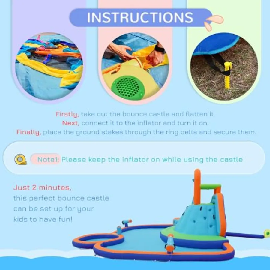 Opblaasbare waterglijbaan voor kinderen 4-in-1 springkasteel Waterpark Springkasteel met waterzwembad, glijbaan, klimmuren en 2 waterblikken