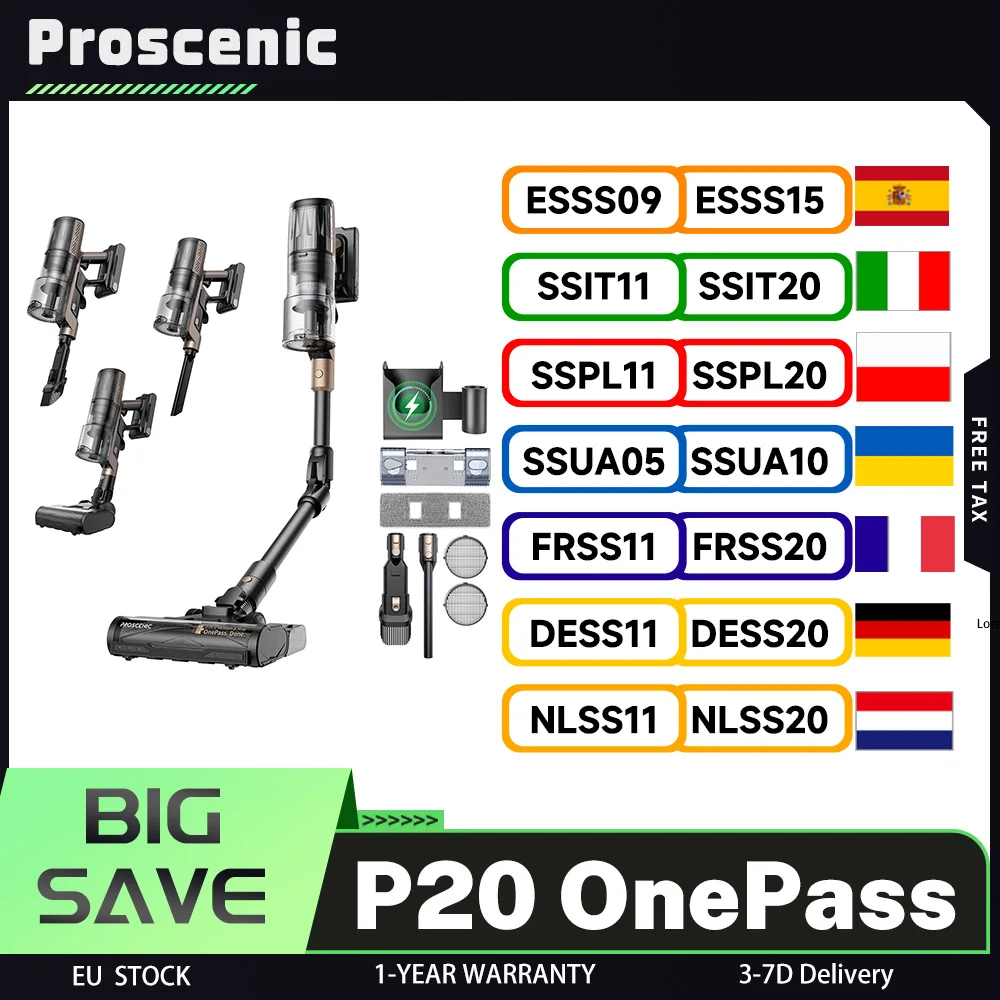 Aspirateur sans fil Proscenic P20 OnePass, aspiration de 70 000 Pa, moteur sans balais de 680 W, autonomie de 70 minutes, 180 °   Tuyau flexible, humide et sec