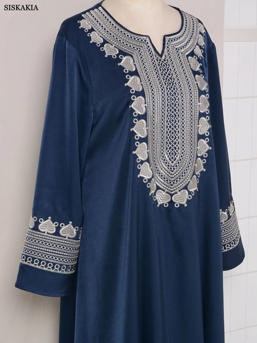 Siskakia Modest Fashion Abaya Islamic Chic Solid Embroidery Notched V-Neck Full Sleeve Casual Indian Long Dresses Muslims Womens