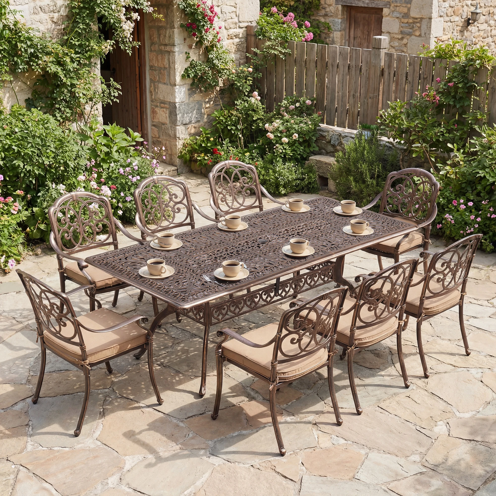 Juego de Comedor para Patio Exterior de 9 Piezas para 8 Personas con Orificio para Sombrilla, Mesa y Sillas Ovaladas de Aluminio Fundido Resistente a la Intemperie de 86.6 Pulgadas con Cu