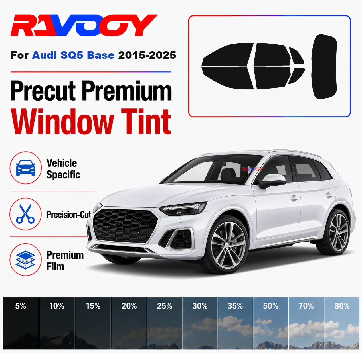 

Premium Precut Window Tint Kit Front Rear Windows Rear Windshield For Audi SQ5 Base 2015-2025 Complete Set Nano Ceramic Film