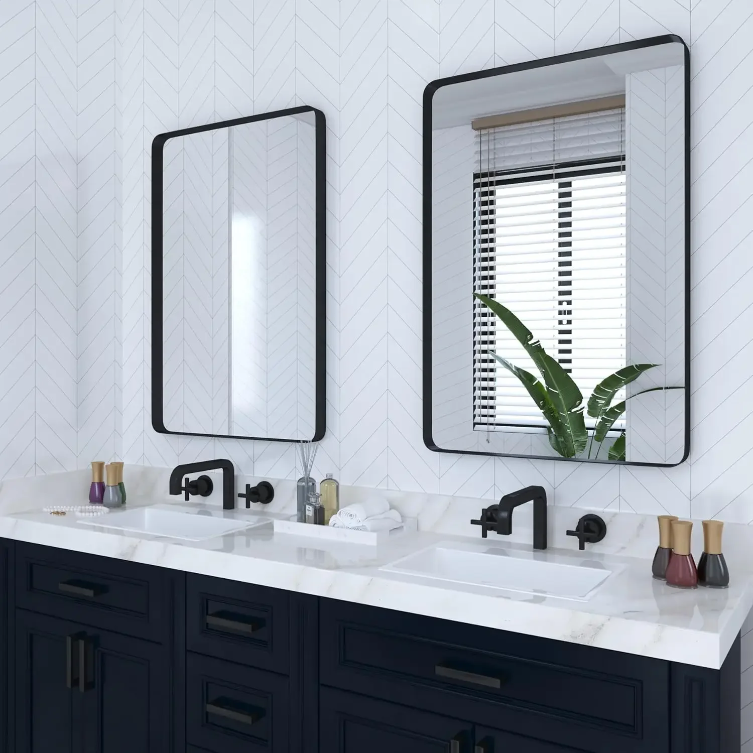 2-Pack Bathroom Mirrors 24 x 36 Inch, Black Metal Framed Rounded Rectangle Wall Vanity Mirror Modern Farmhouse, 1/4-inch Shatter