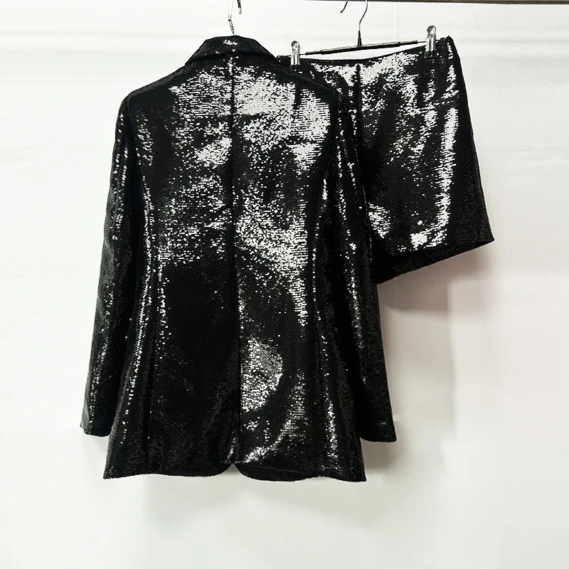 Black Sequins Jacket Shorts Suits 2 Piece Sets Fashion BLING BLING Shiny Bright Party School Outfit Women Shorts Sets