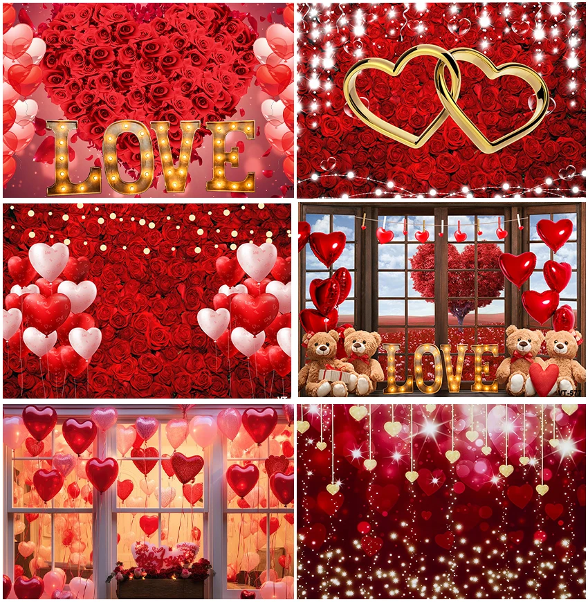 

Valentine's Day Red Roses Light Window Balloons Teddy Bear Photographic Romantic Backdrops Wedding Ceremony Backgrounds Banner