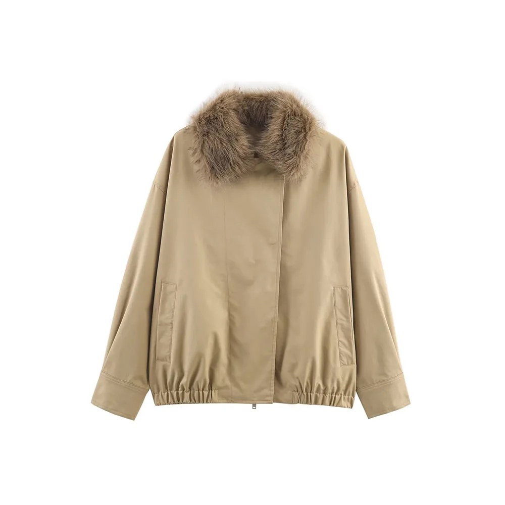 ملابس نسائية خريفية جديدة على الطراز الأوروبي والأمريكي سترة طيار عصرية بياقة من الفرو الصناعي