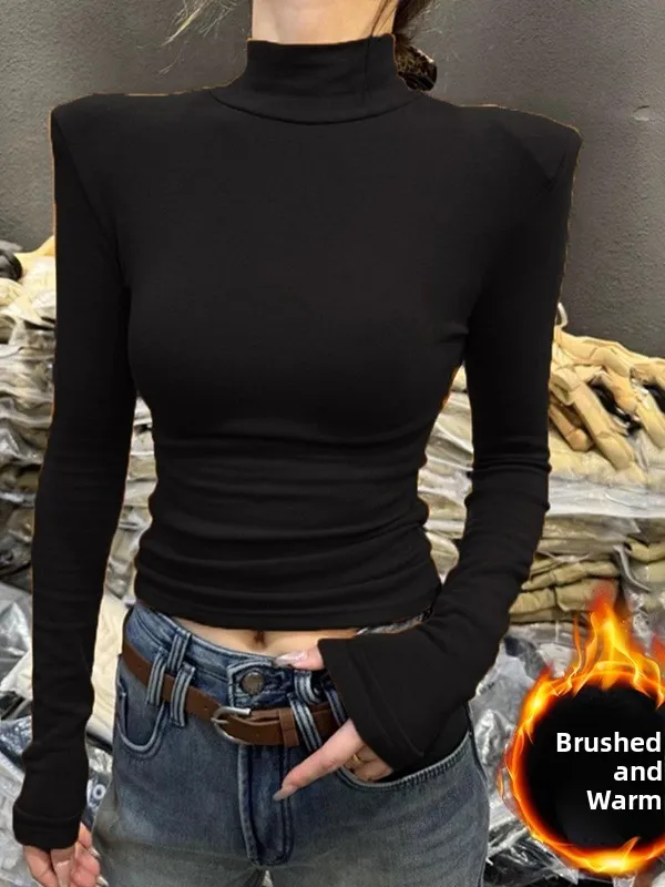 Women's Long Sleeve Fleece Lined Base Shirt Half High Collar Inner Wear T-Shirt Shoulder Pads Black Top Spring Autumn New Style