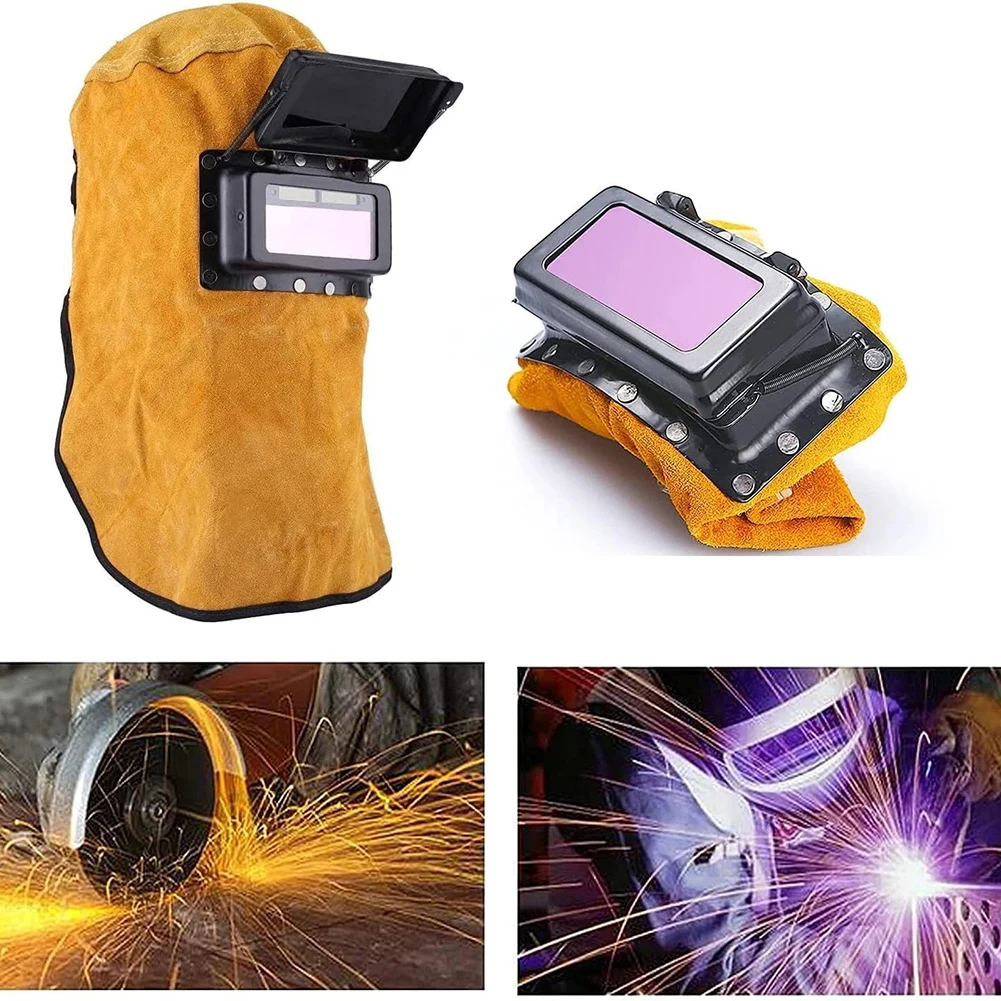 

Solar-Powered, Auto-Darkening Filter Lens Welder's Leather Welding Helmet With Hood And Heat-Resistant, Breathable Lens