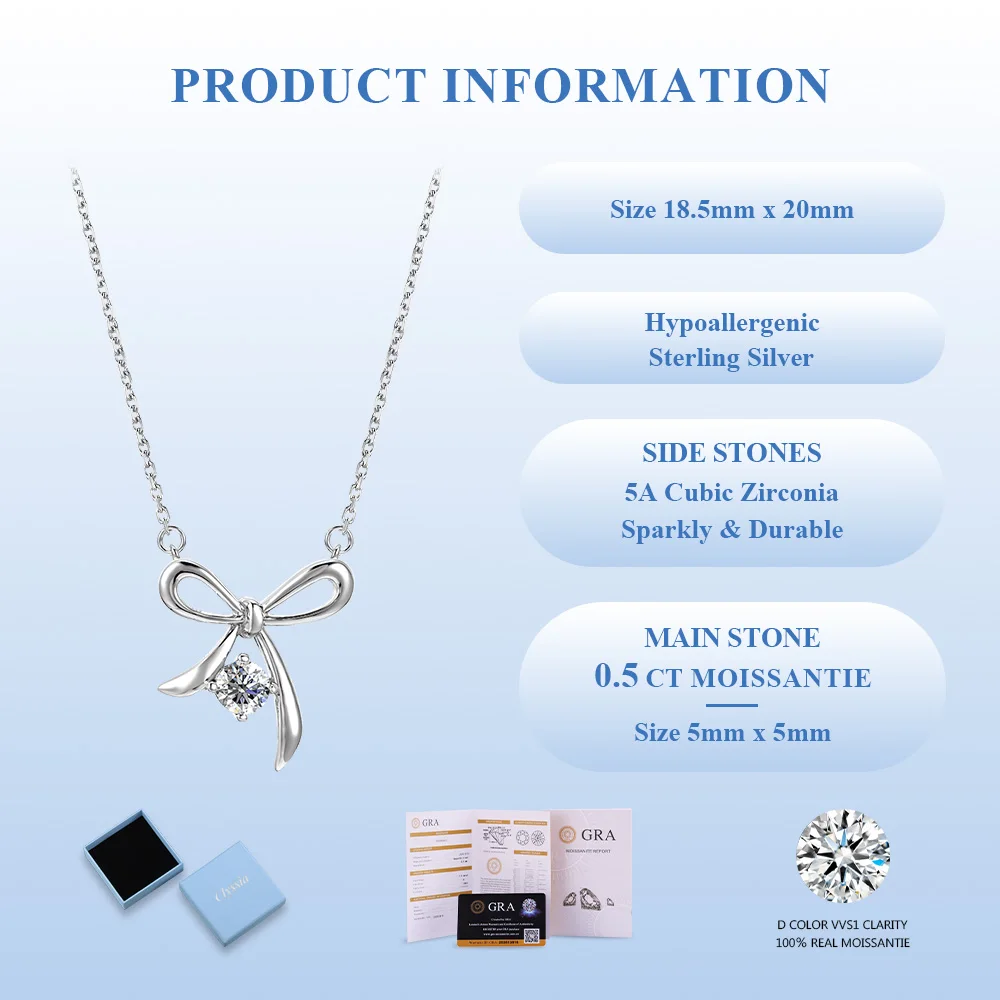 

Модное трендовое ожерелье с подвеской-бантом из серебра 925 пробы с роскошным муассанитом, женские аксессуары, украшения для вечеринок, подарок