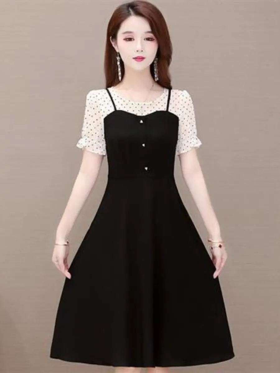 robe-midi-pour-femme-ete-2024-effet-deux-pieces-a-pois-avec-empiecements-ensemble-amincissant-trois-pieces-style-coreen-ensemble-tendance