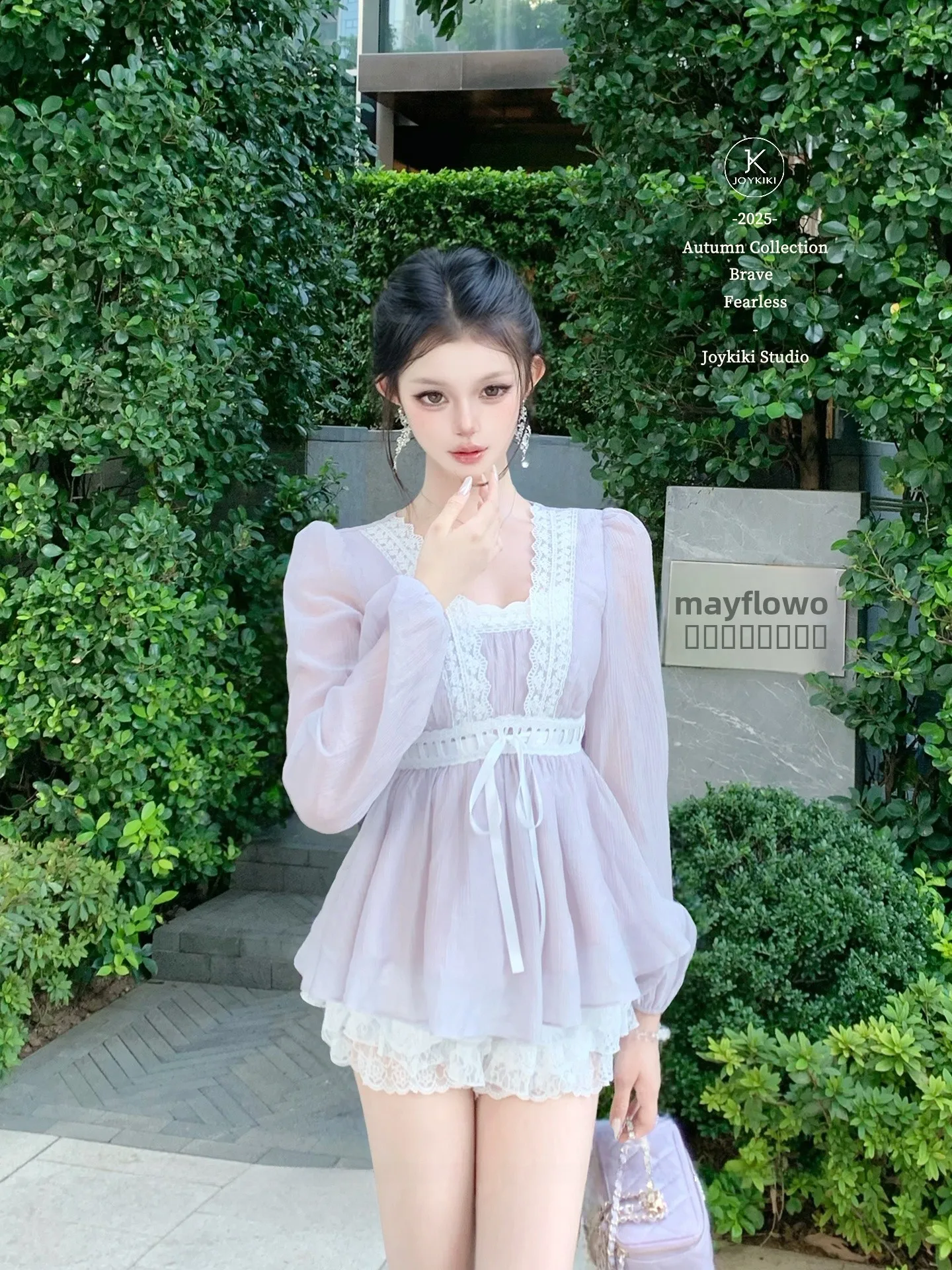 

Женский топ Joykiki Ciwalk с квадратным вырезом, кружевной отделкой, поясом, рукавами-фонариками и шифоновой талией, корейский стиль