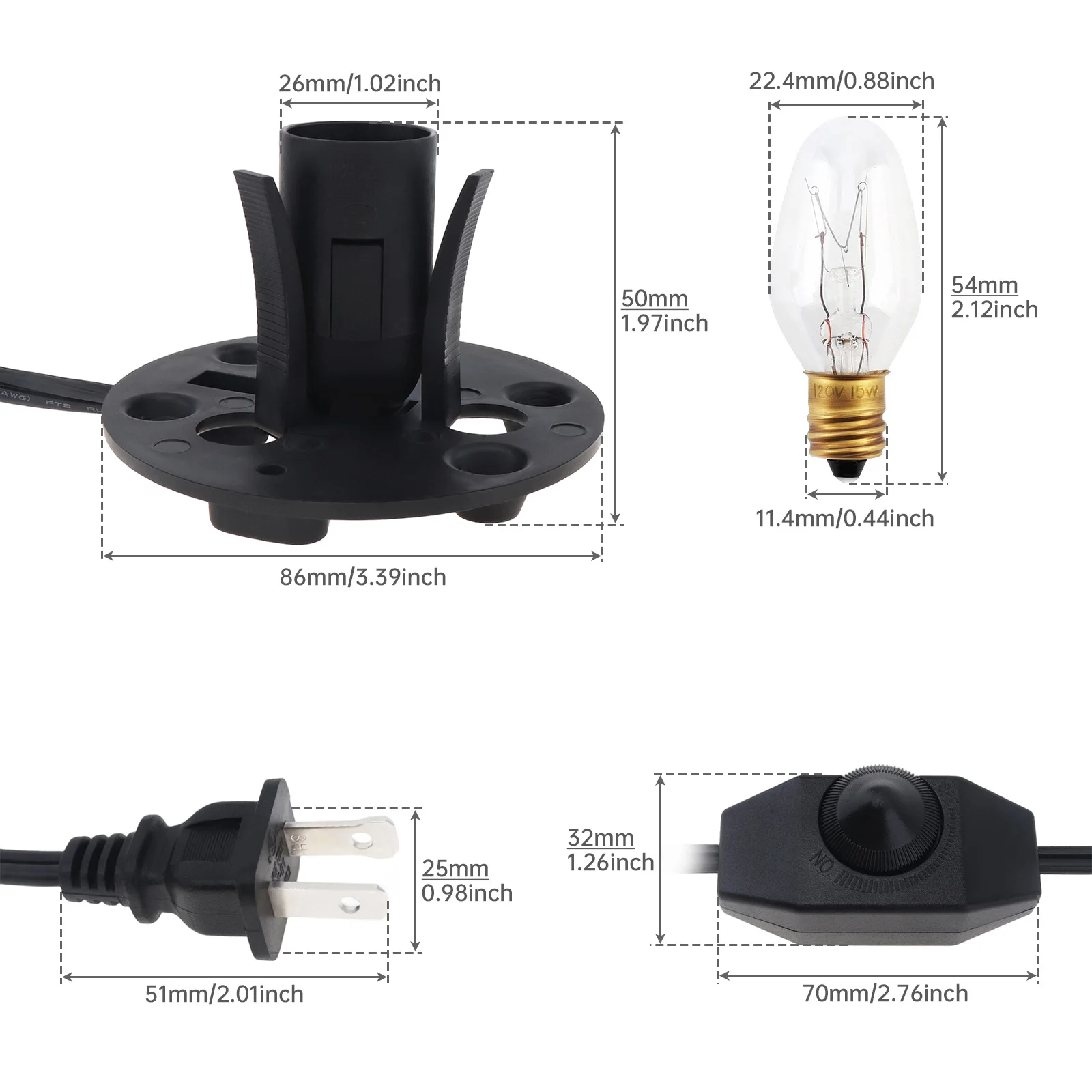 Himalayan Salt Lamp Cord with Dimmer Switch and Bulbs SPT-2 18AWG Original Replacement Cord with Base Assembly