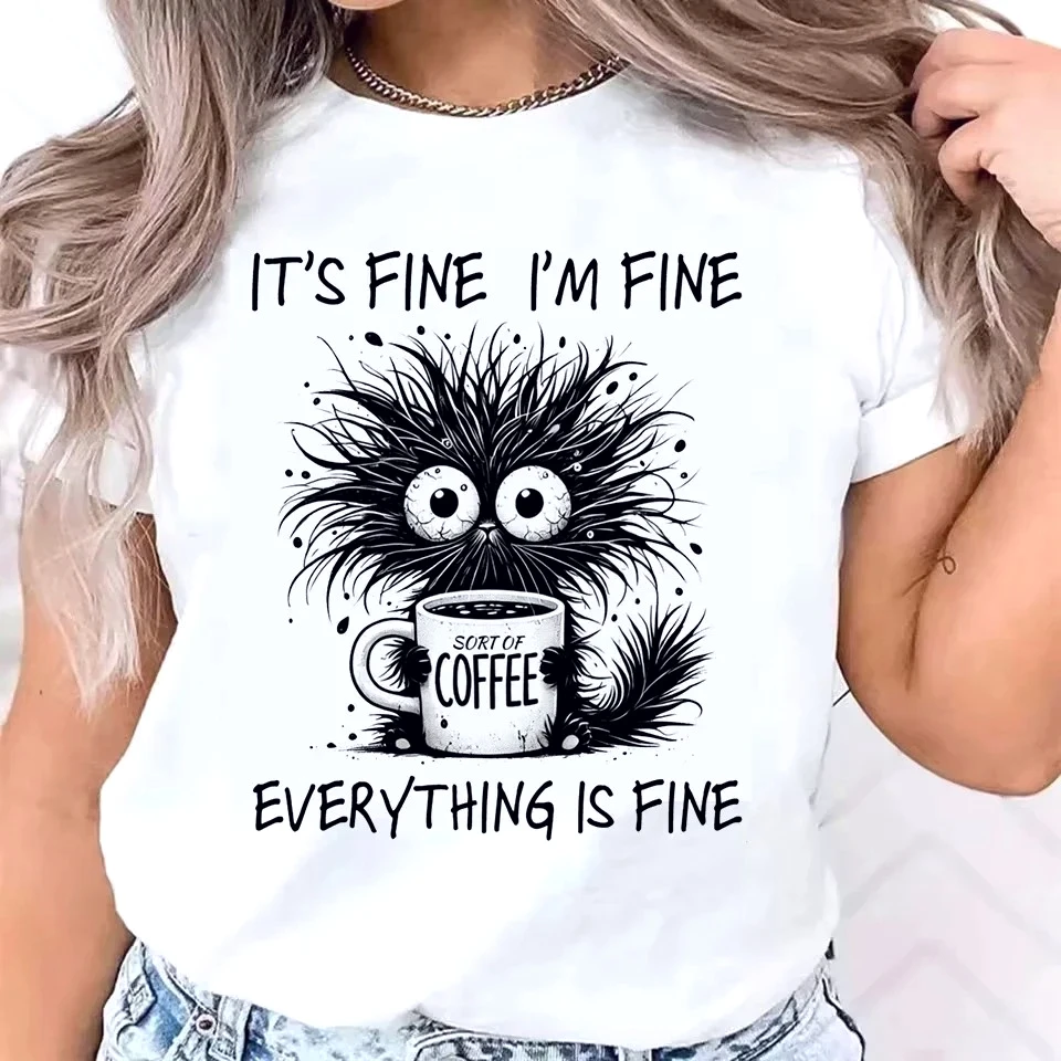 

Funny Design T-Shirt Short Sleeve Tee Whimsical Cat and Coffee Graphic Print Women's Fashion Clothing Kawaii Streetwear Y2k Tops