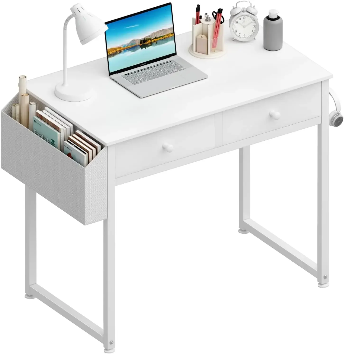 Premium Small White Desk with Drawers - for Bedroom, 32 Inch Home Office Computer Desk with Fabric Storage Drawer and Bag