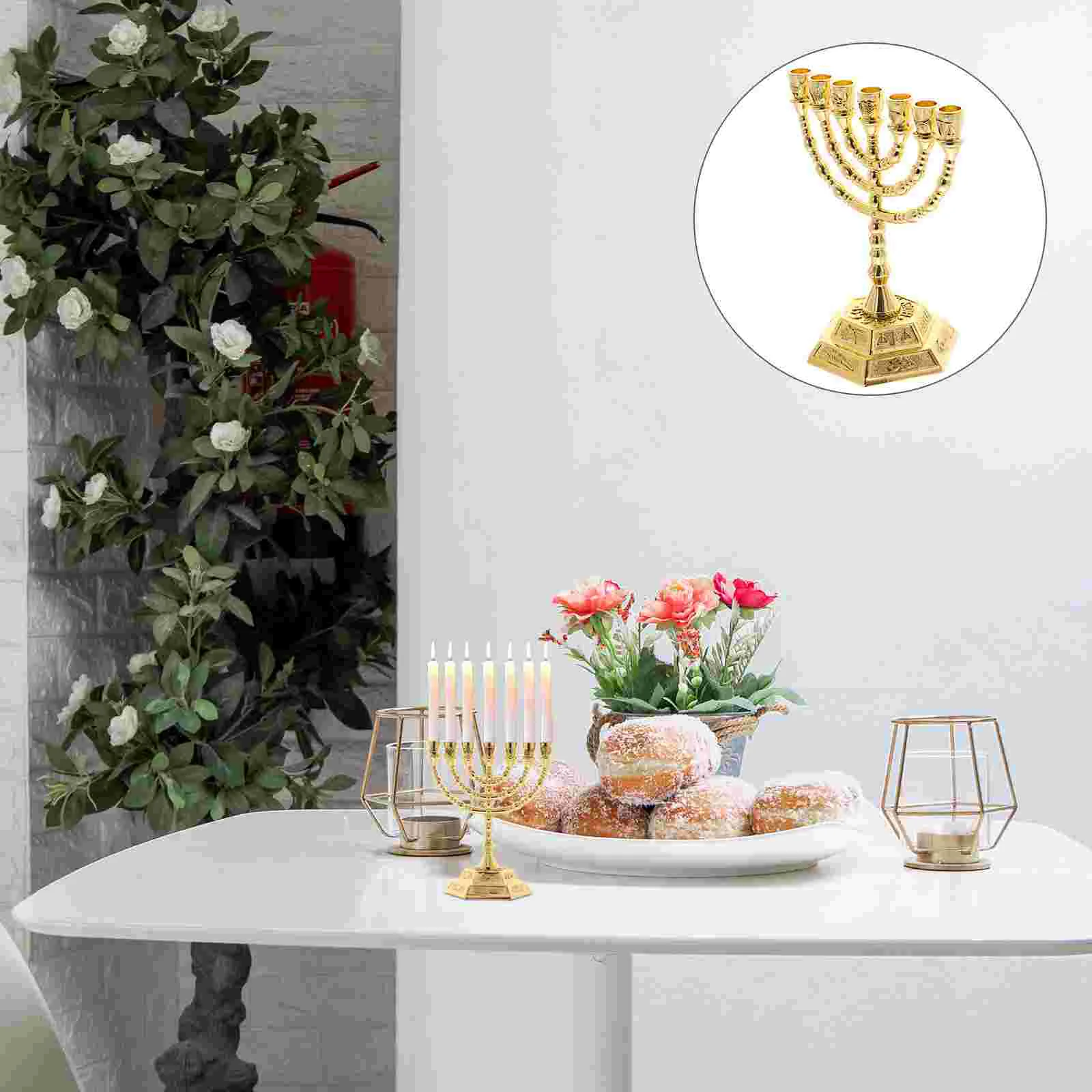 

7 Holes Zinc Alloy Menorah Candlesticks Vintage Religious naments for Home Office Decor Electric Candelabrum Holder