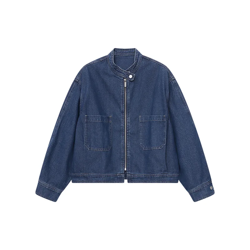 Women Denim Short Coats Solid Jackets Stand Collar Double Zipper Long Sleeves Loose Fit Office Lady Casual 2025 Spring Autumn