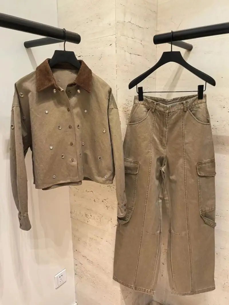 

Autumn Women Suit Diamond Design Corduroy Spliced Turn-down Collar Single Breasted Jacket or Pockets Patchwork Wide Leg Pants