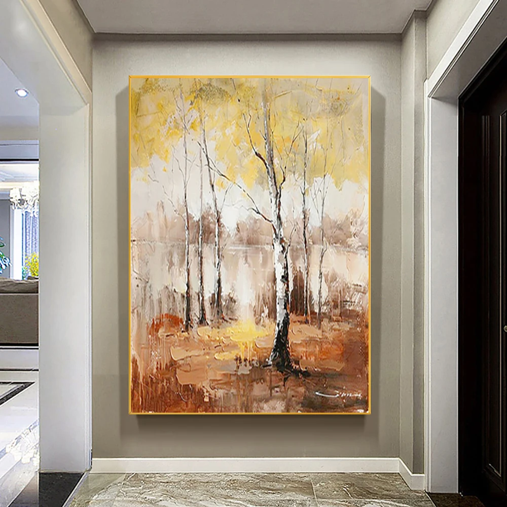 Large Wall Art Picture Handpainted Modern Abstract Birch Landscape On Canvas Oil Painting For Living Room Home Decor No Framed