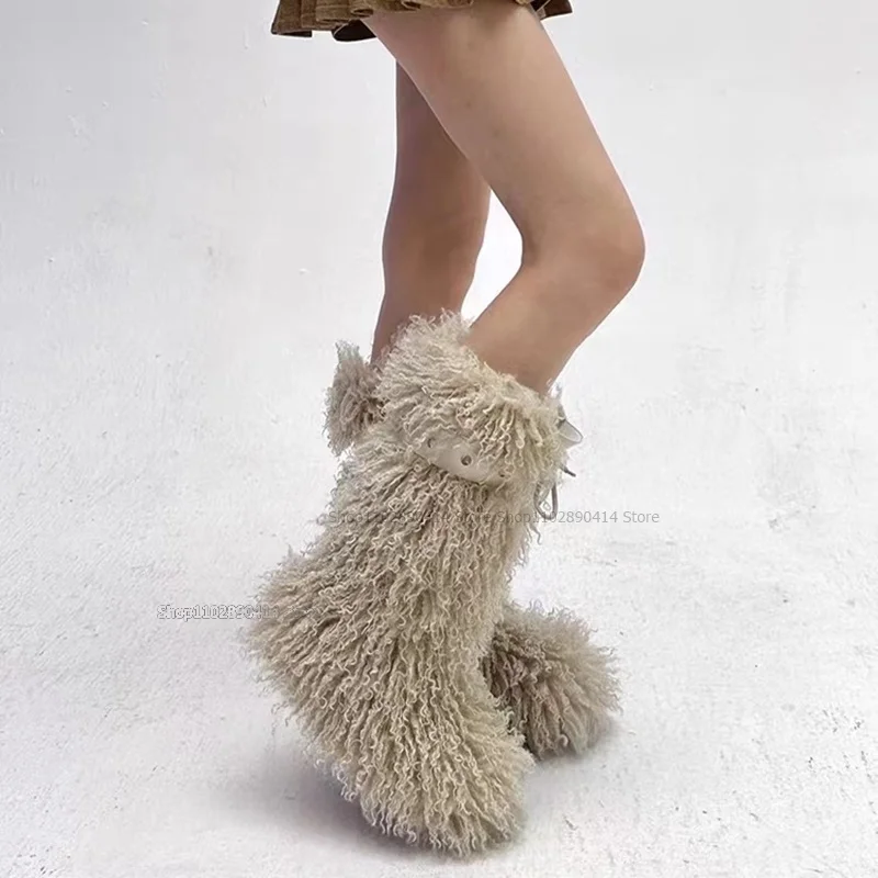 

Beige Fur Decor Thick Bottom Snow Boots Mid Calf Lace Up Women Shoes Novel Fashion European Style Sexy 2023 Zapatos Para Mujere