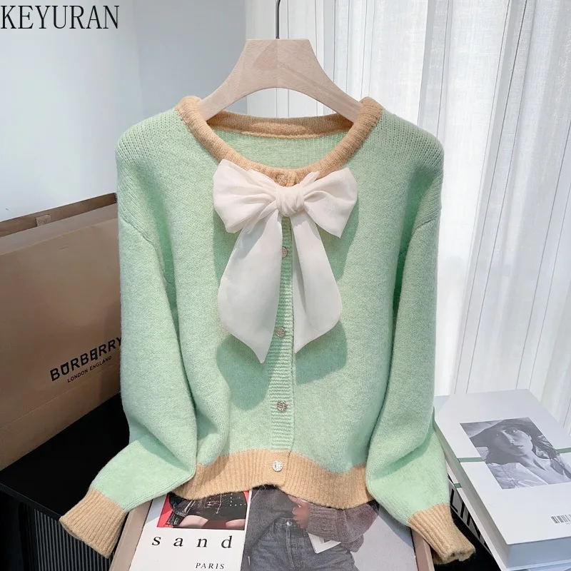 

2025 Autumn New Bow Knitted Cardigan Women's Vintage O Neck Long Sleeve Single-Breasted Sweater Casual Female Outerwear Chic Top