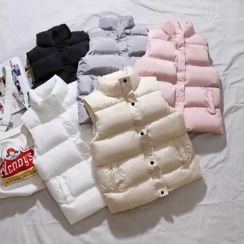 Women Winter Warm Cotton Padded Puffer Vests Sleeveless Parkas Jacket Casual Stand Collar Short Down Cotton Waistcoat