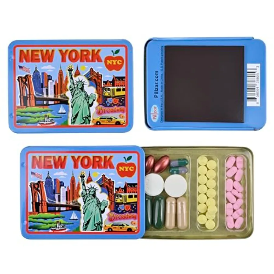 New York Fridge Magnet by, Tin Portable Pill Box with 3 Compartments, Vitamin Organizer, Unique Collectible Souvenir Gift, Trav view 5