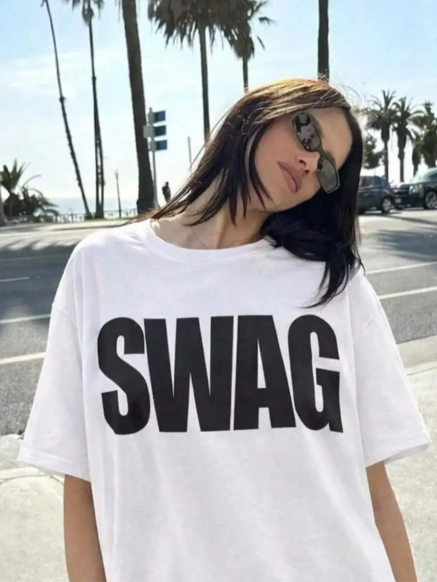 Women's Casual Top, SWAG  Text Style,   Loose Fit, Crew Neck T-Shirt With SWAG Bold Letter Print, Streetwear Funny Versatile Outfit