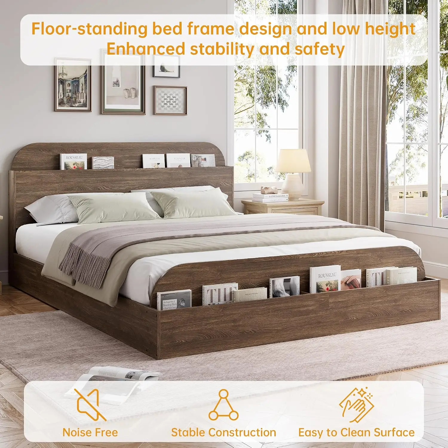 Queen Size Low Platform Bed Frame, Walnut Wood Floor Bedroom Furniture, Customized - view 3