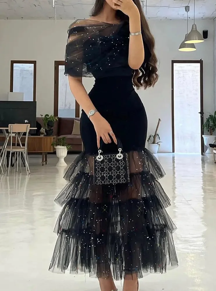 グリッターレイヤードシアーメッシュパーティードレス　新作ファッショナブルでセクシーなブラックメッシュスプライシングドレス