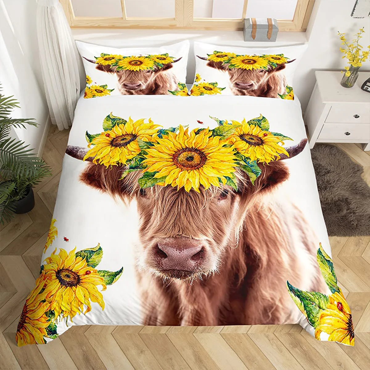 

Highland Cattle Floral Cow Yellow Sunflower Animal Bedding Set Boys Girls Twin Queen Size Duvet Cover Pillowcase Bed Kids Adult