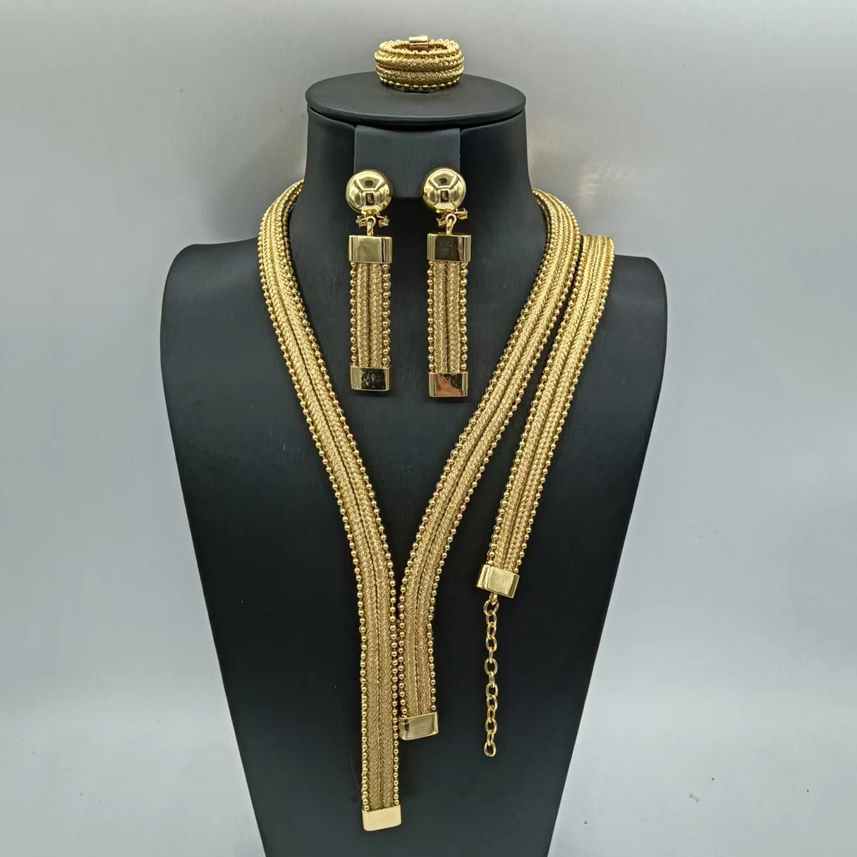 Luxury Multi-Strand Gold Jewelry Set for Women Statement V-Neck Necklace Earrings & Ring Perfect for Wedding Party & Formal