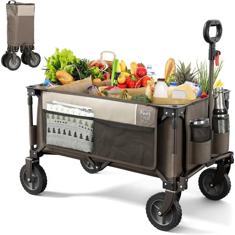 

Collapsible Outdoor Folding Wagon Cart Heavy Duty Camping Patio Shopping Garden Cart with Side Bag Cup Holder Tan