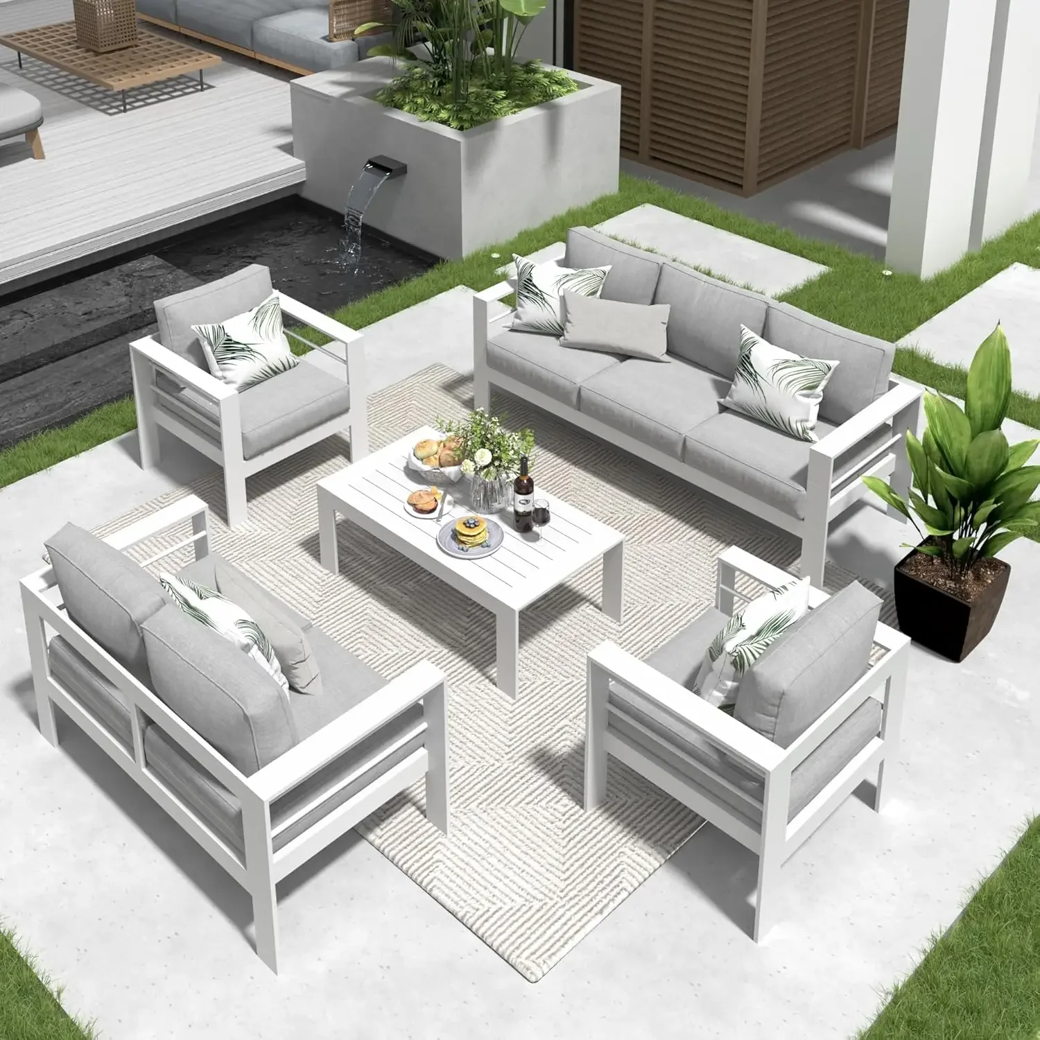 Für Terrassen-Furniture-Set aus Aluminium, 7-Sitzer, modernes Outdoor-Conversationsset, Sofagarnitur mit Upgrade-Kissen und Couchtisch